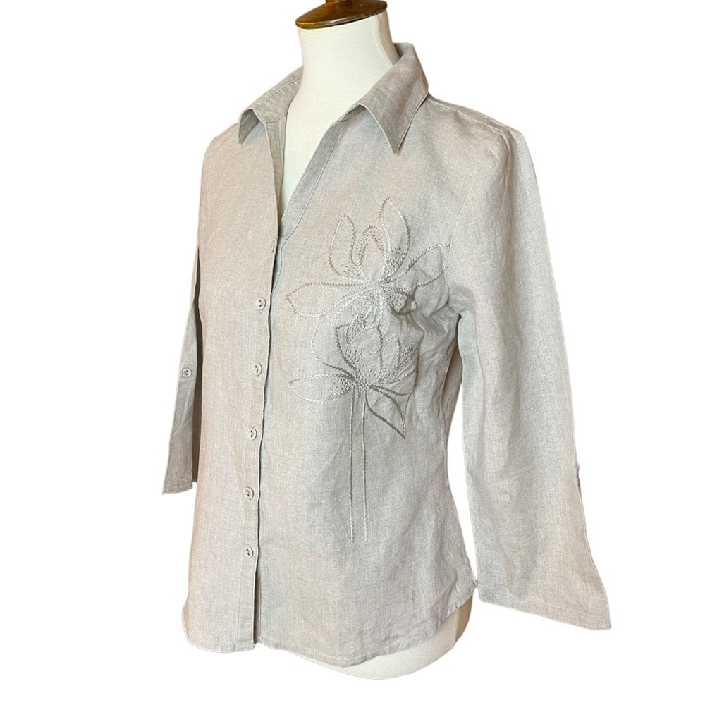 Tweeds Beige Taupe 100% Linen Embroidered Button Down Shirt - Size Medium - Picture 3 of 8